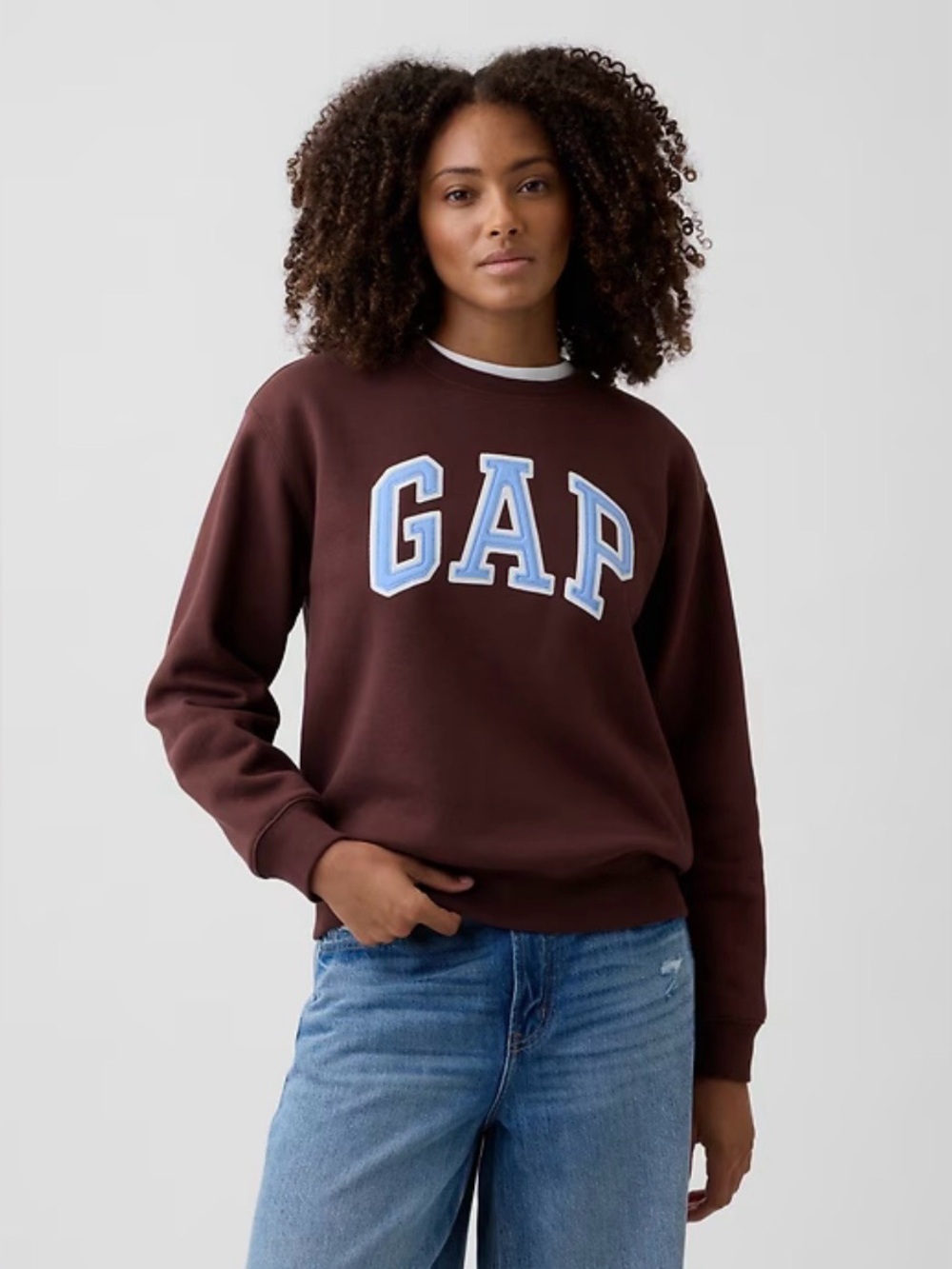 GAP Women's Chocolate Brown Crewneck Sweatshirt with Light Blue Logo